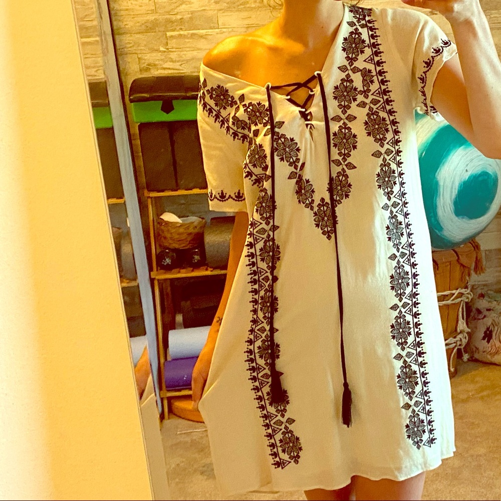 Boho mini dress with black embroidery